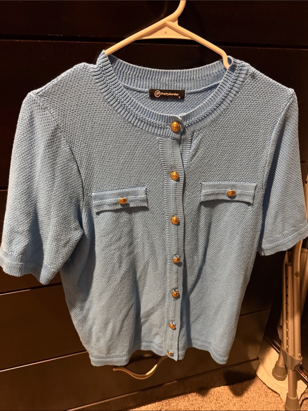 PrettyGarden Light Blue Short-Sleeve Knit Cardigan with Gold Buttons
